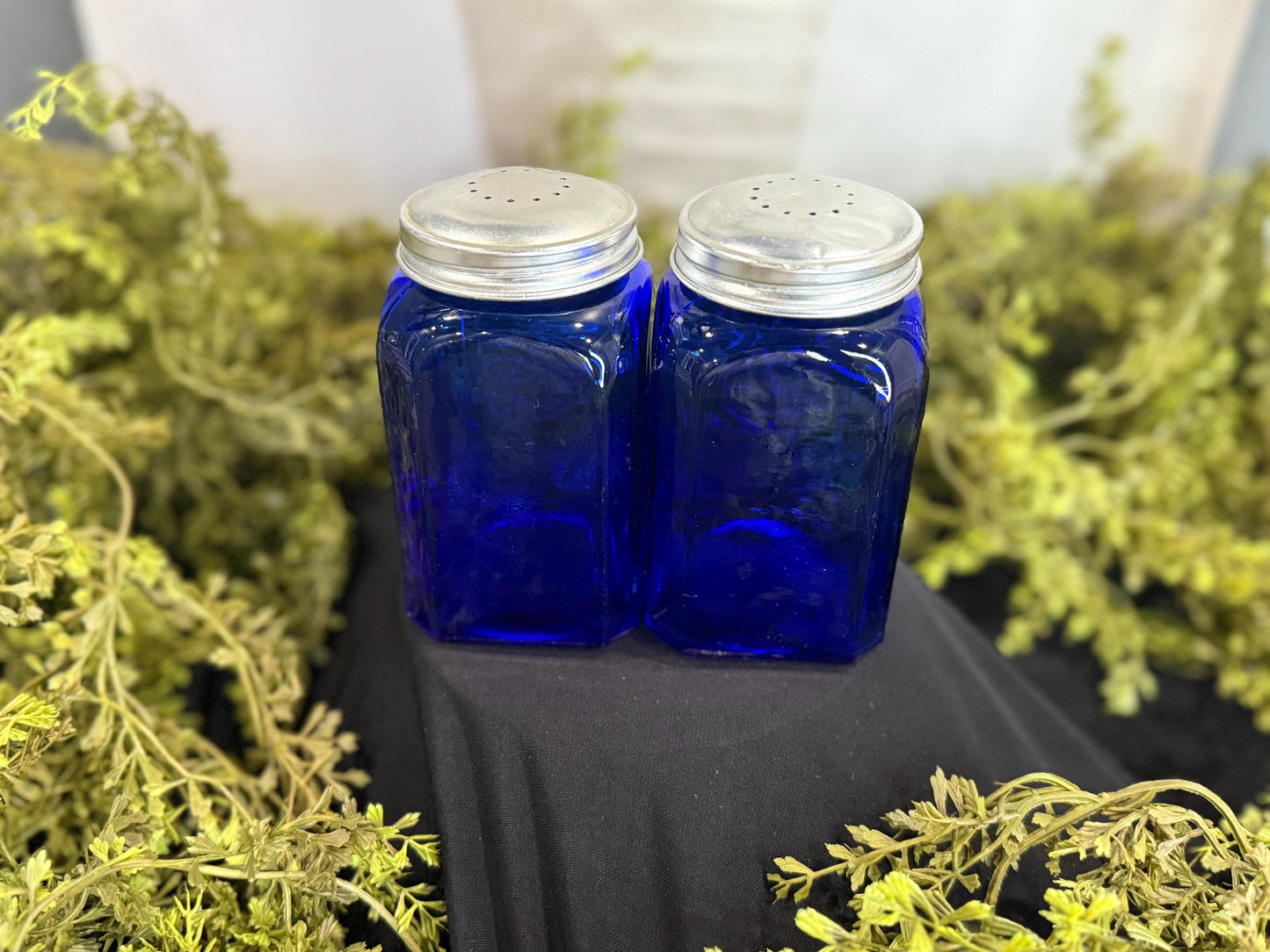 Vintage Miles Kimball 8oz cobalt blue depression glass salt and pepper shakers