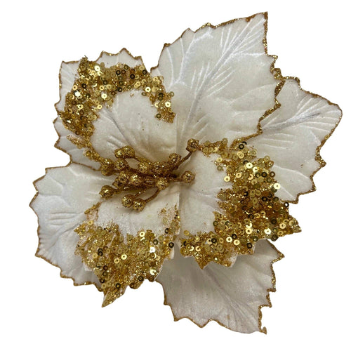 Holiday White Velvet Poinsettia Stem w/ Gold Glitter