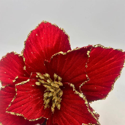 Royal Red Velvet Poinsettia Pick w/ Gold