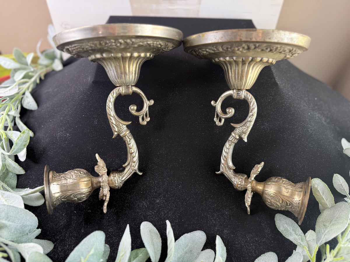 Vintage Silver Plated Candle Holder Sconces: Floral Scroll Design