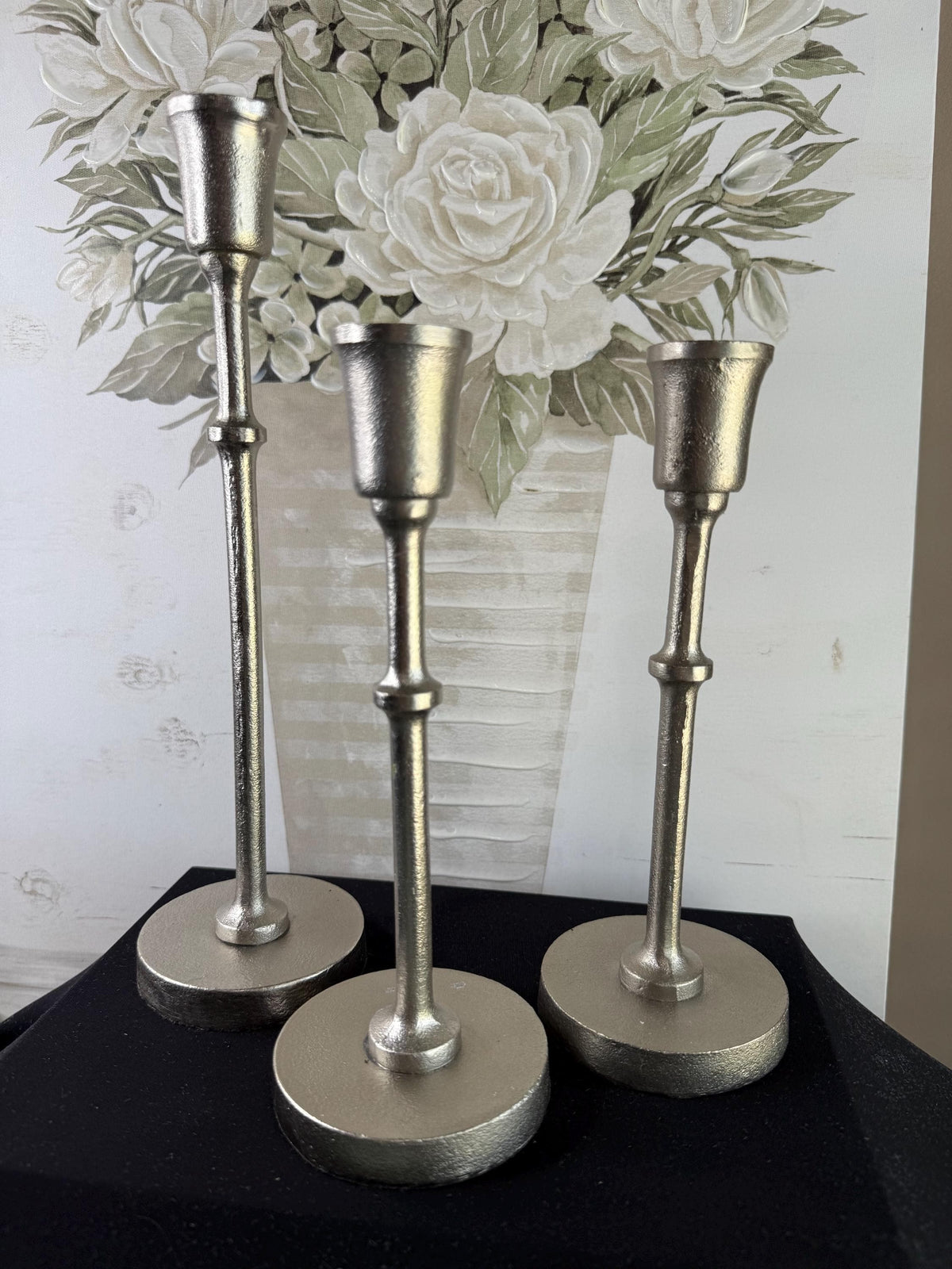 3 metal silver candle holders