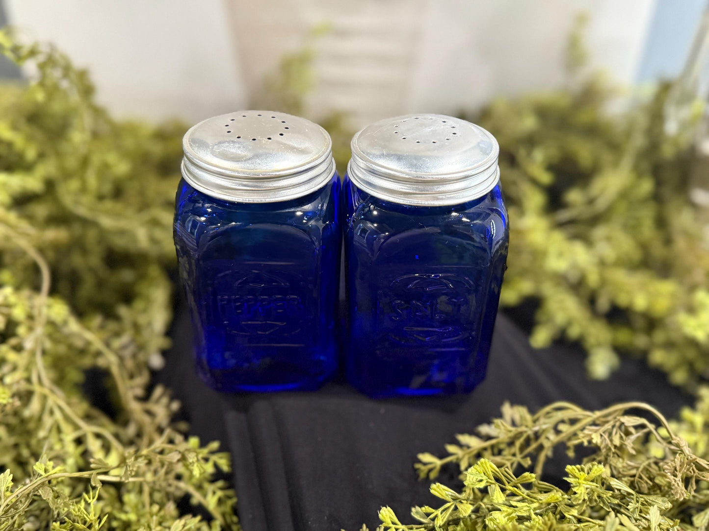 Vintage Miles Kimball 8oz cobalt blue depression glass salt and pepper shakers