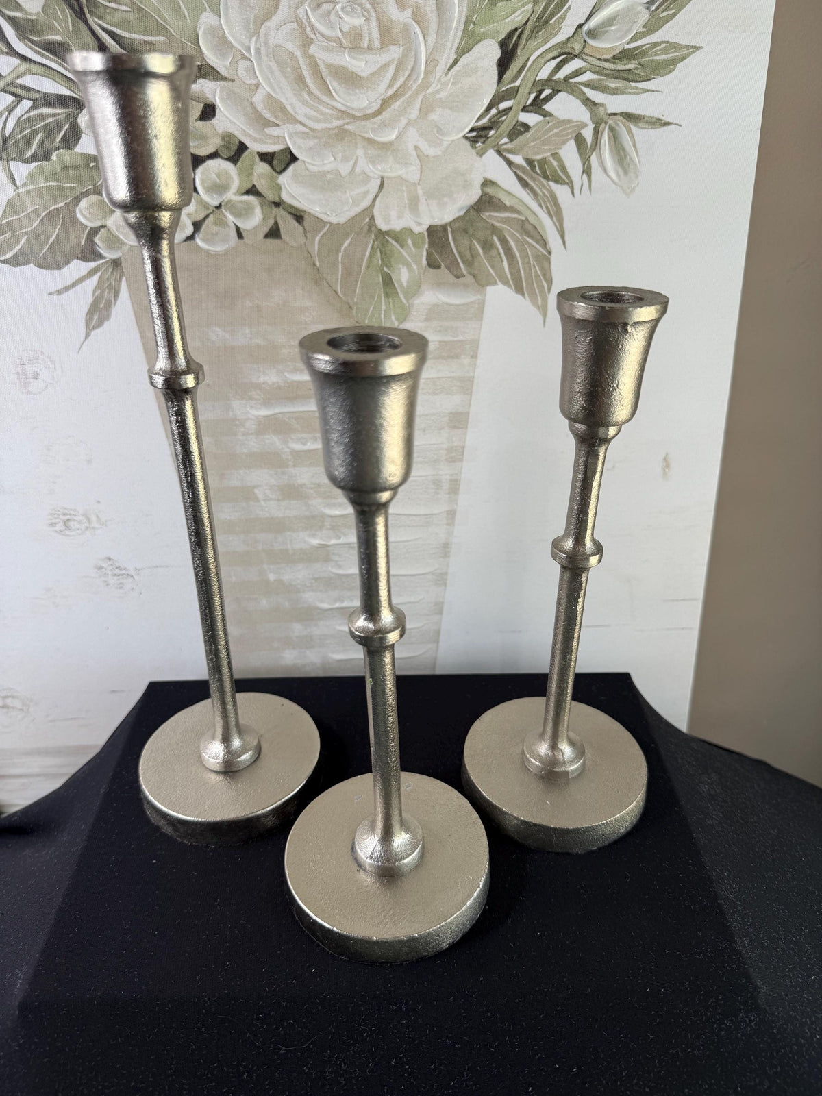 3 metal silver candle holders