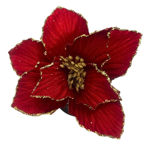 Royal Red Velvet Poinsettia Pick w/ Gold