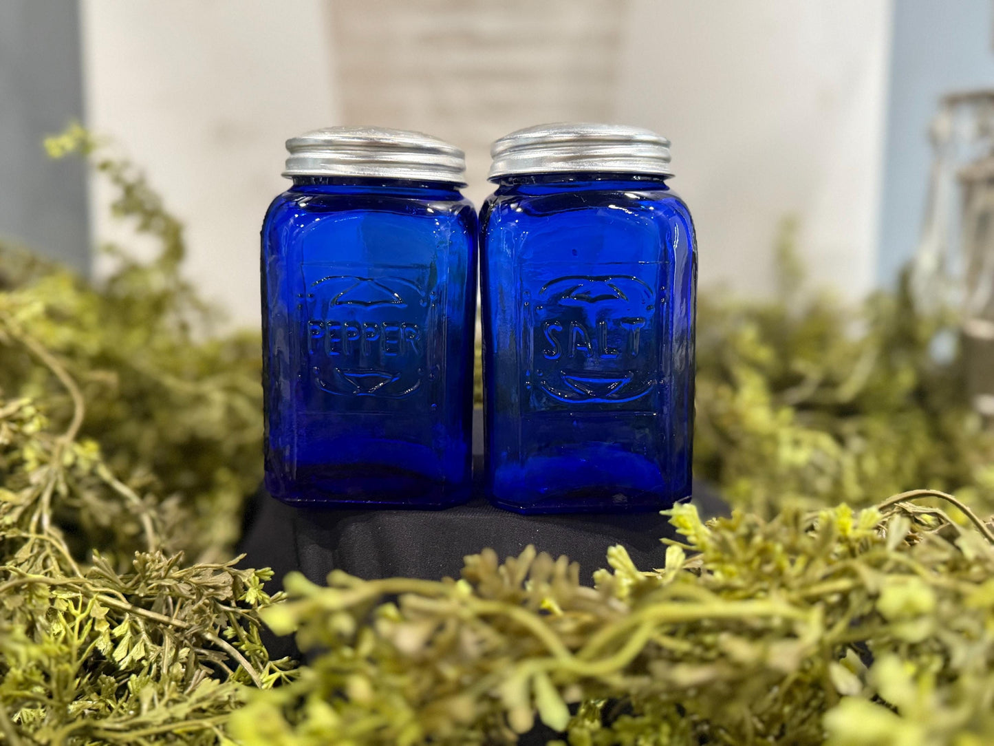 Vintage Miles Kimball 8oz cobalt blue depression glass salt and pepper shakers